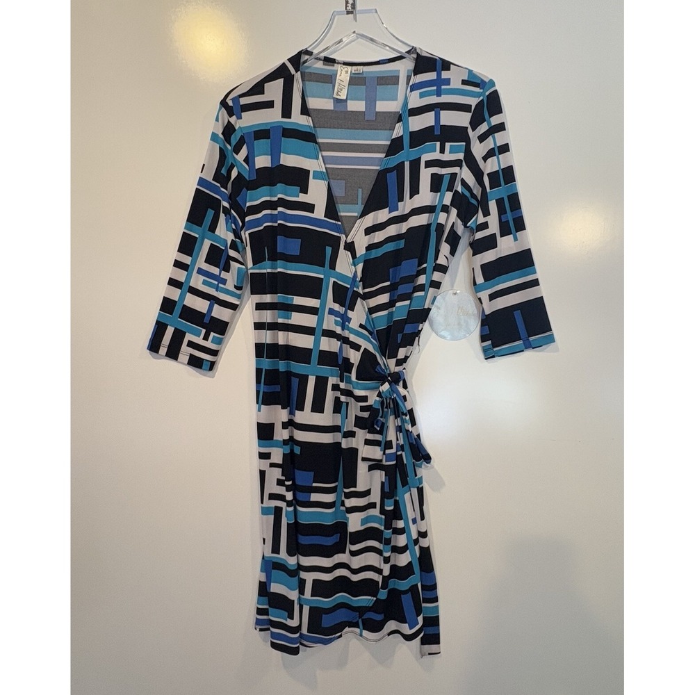 Emma & Michele Blue Geometric Faux Wrap Dress 3/4 Sleeve V-Neck Large NWT